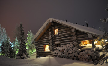 Log Cabin in Snow